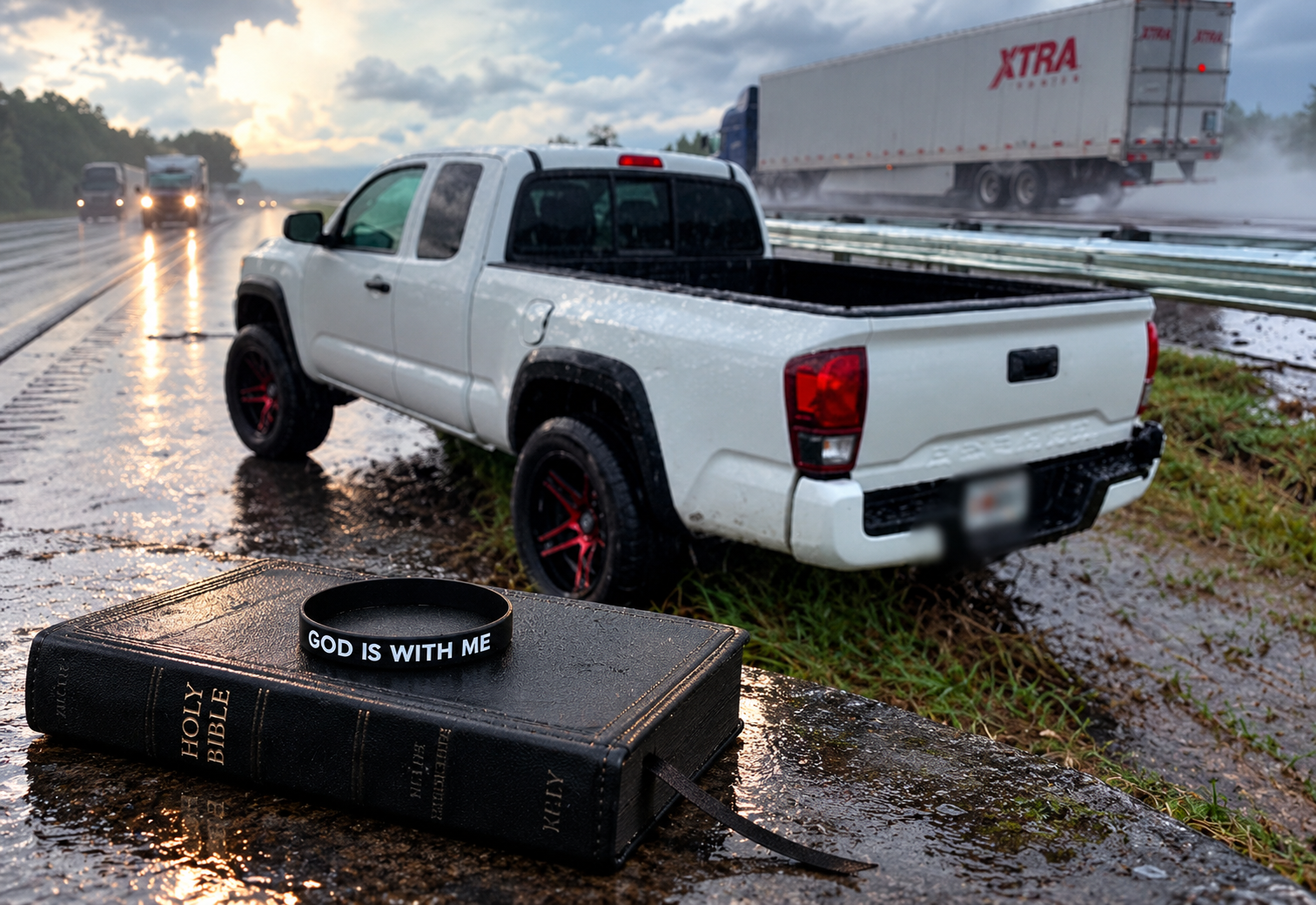 White pickup truck beside a rainy road, with a Bible and God Is With Me bracelet in the foreground