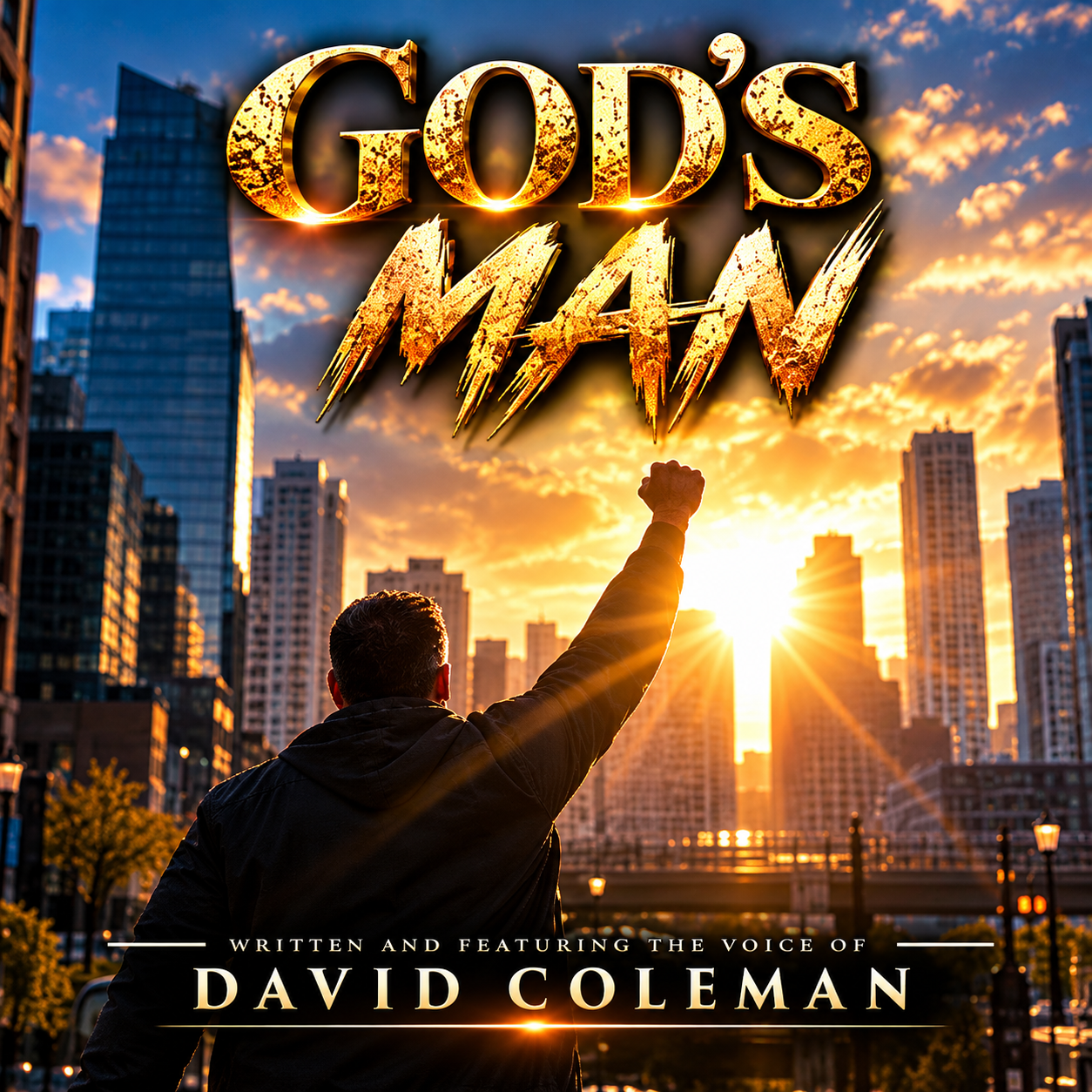 God's Man cover artwork featuring a man raising his fist toward the sunrise over a city skyline