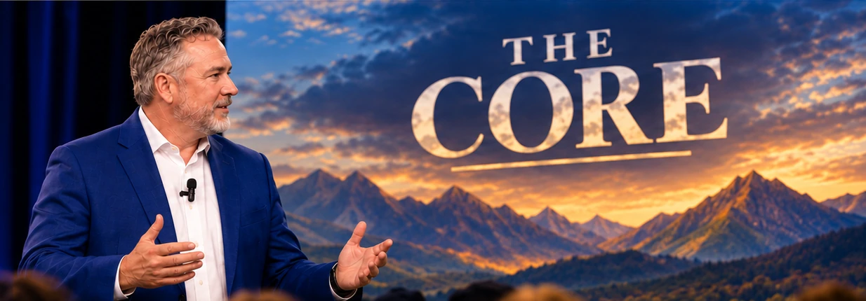 Promotional illustration of David Coleman speaking to a small audience with The Core and stream backdrop